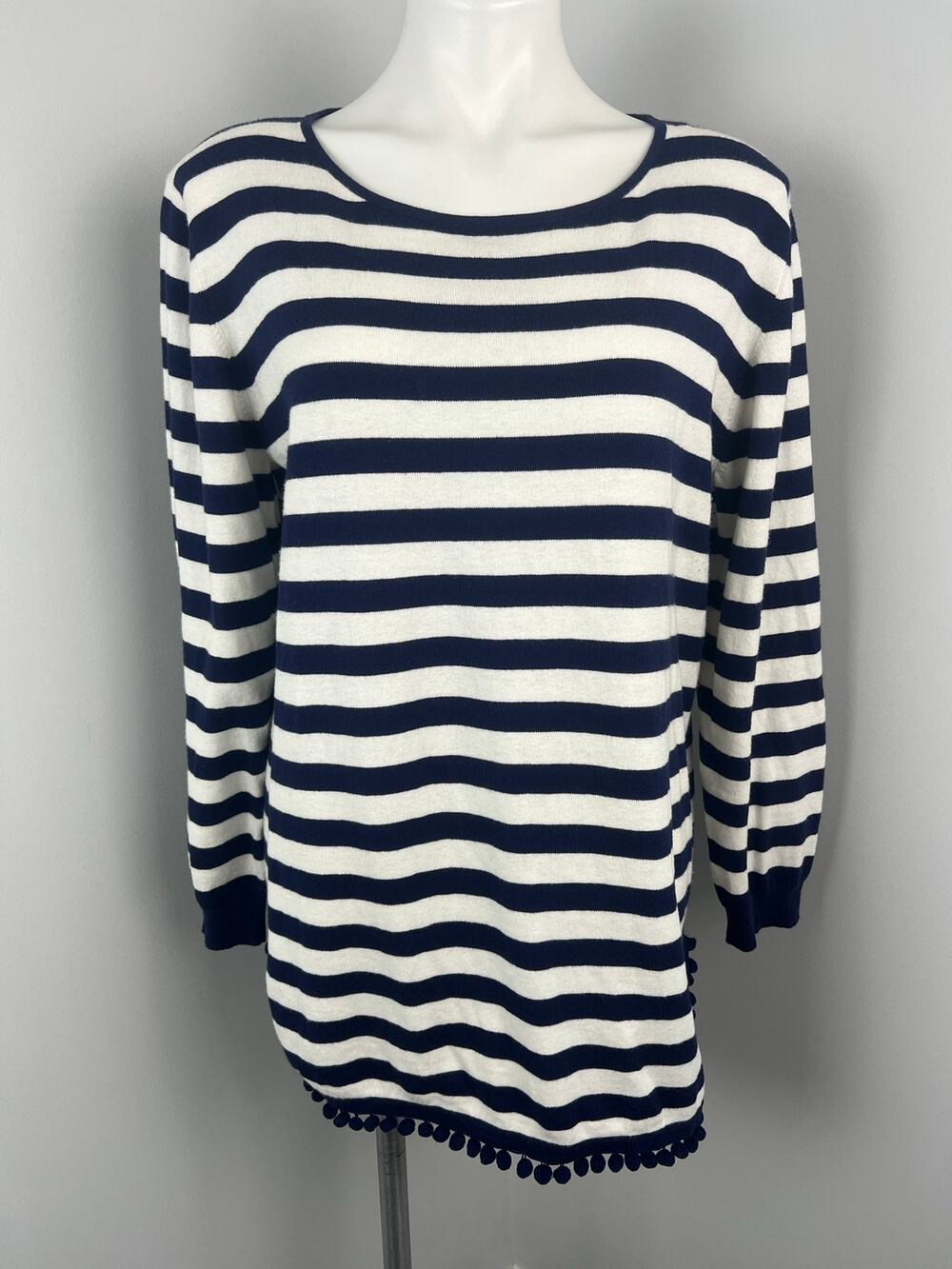 Two Bees Cashmere Navy & White Stripe Sweater with Tassels XL
